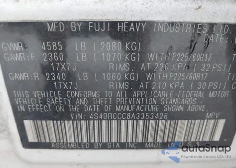 2010 Subaru Outback 2.5I Premium из США, поврежденный, VIN 4S4BRCCC8A3353426